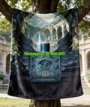 Versace Eros Winged Medusa Perfume Print Flannel Throw Blanket Luxury Teal and Gold Sofa Cover Blanket IMG_1546